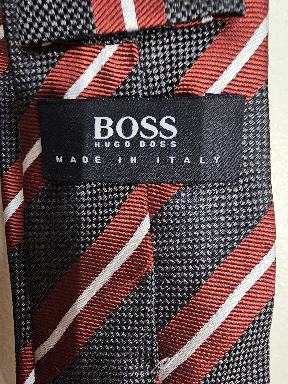 Hugo Boss Red & Gray Striped Silk Tie